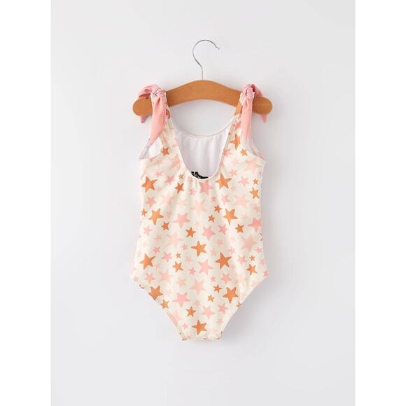 Girls Size 7 One-Piece Swimsuit – Star Print – Pink & Orange - Picture 3 of 11